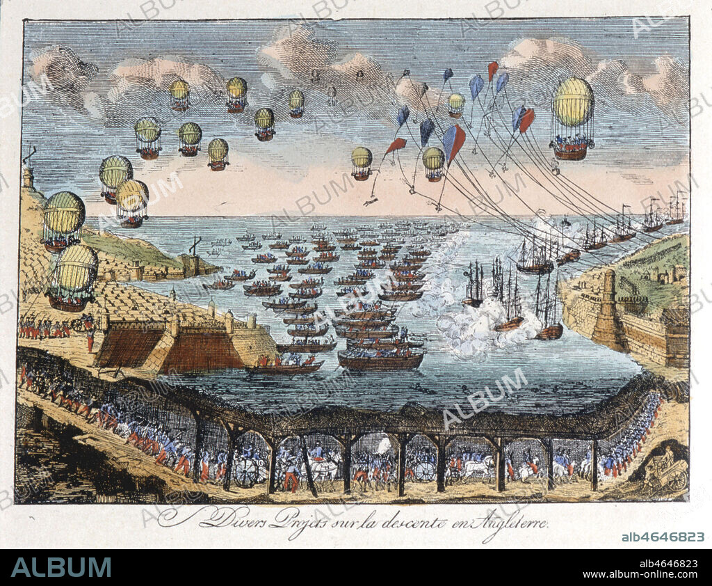 Caricature anglaise sur les tentatives de Napoleon pour envahir l'Angleterre: 'divers projets sur la descente en Angleterre'. Caricature anonyme reunie dans l'ouvrage de John GRAND-CARTERET (1850-1937), 'Napoleon en Images' en 1895. Credit : Collection Kharbine-Tapabor.