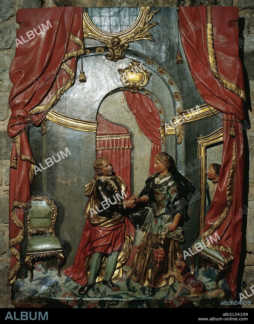 "RETABLO DE SANT ALEIX" (RETABLO DE SAN ALEJO). Detalle que representa la escena en que SAN ALEJO SE DESPIDE DE SU ESPOSA EL DIA DEL CASAMIENTO. Escultura policromada en relieves atribuida a Lluís BONIFAS I MASSO. Año 1769. Parroquia Arciprestal de San Juan Bautista. Valls. Comarca del Alt Camp. Provincia de Tarragona. Cataluña.