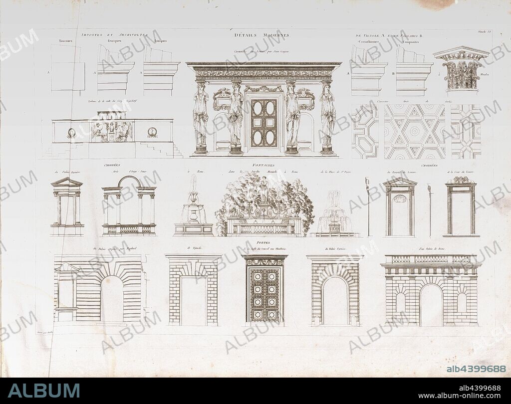 Modern details, Modern Architecture, Signed: Gravé par Baltard, Pl. 88, p. 183, Baltard (gravé), Jean-Nicolas-Louis Durand: Recueil et parallèle des édifices de tout genre, anciens et modernes, remarquables par leur beauté, par leur grandeur ou par leur singularité, et dessinés sur une même échelle. Paris: chez l'auteur, 1801.