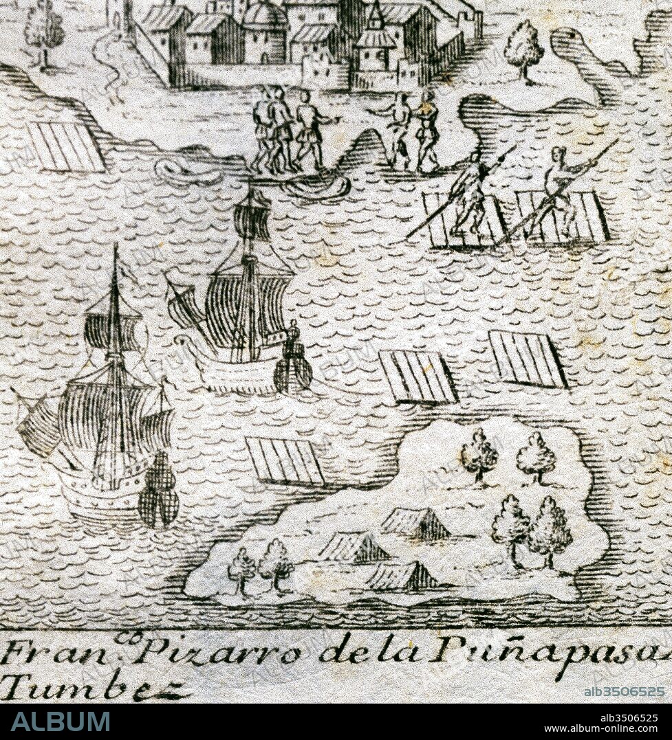 Conquest of the Inca Empire. Francisco Pizarro y Gonzalez, 1st Marquess of los Atabillos ( c.1471 or 1476-1541). Spanish conqueror of the Inca Empire and founder of Lima. Peru. The Spanish expedition arrives from Puna Island to Tumbes in 1532. Engraving, 1726.