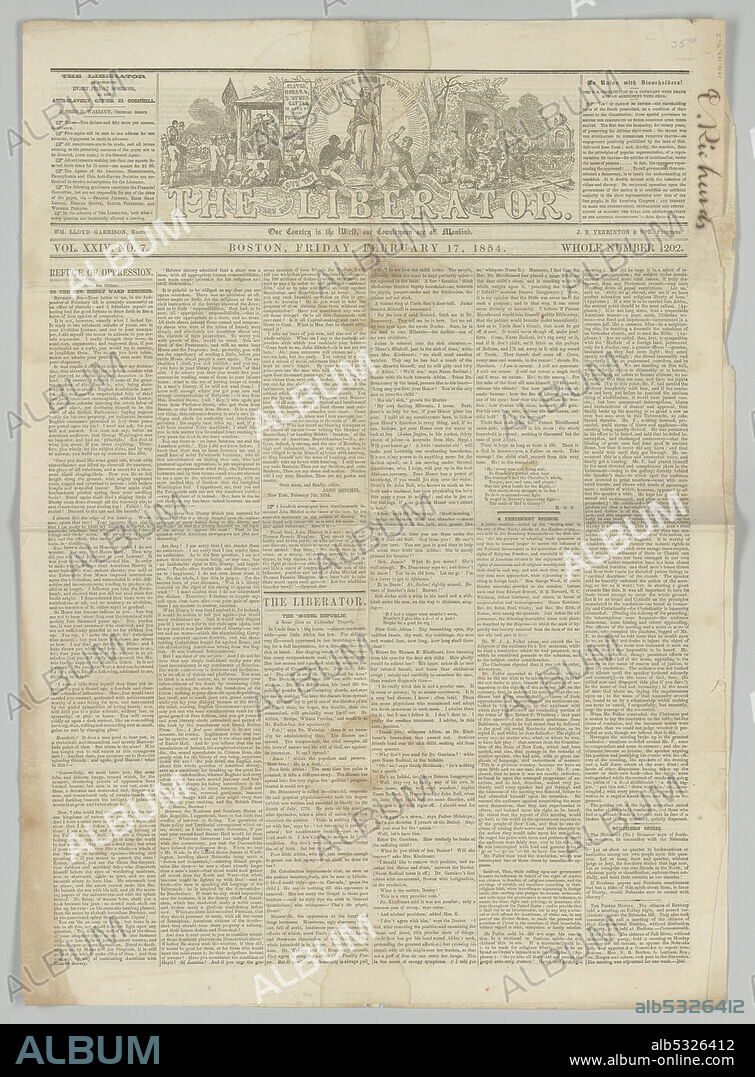 A copy of the abolitionist newspaper The Liberator, Vol. XXIV, No. 7 dated February 17, 1854. The paper is printed on a single bi-folded sheet of paper with text printed on the front and back of the four (4) pages. The name "E. Richards" is handwritten in black ink vertically at the top right facing side of the first page. Names written in graphite on the lower left corner of the back page read: "Elias Richards," "Elizabeth," "Ely," and "Eliahuh H. Richards".