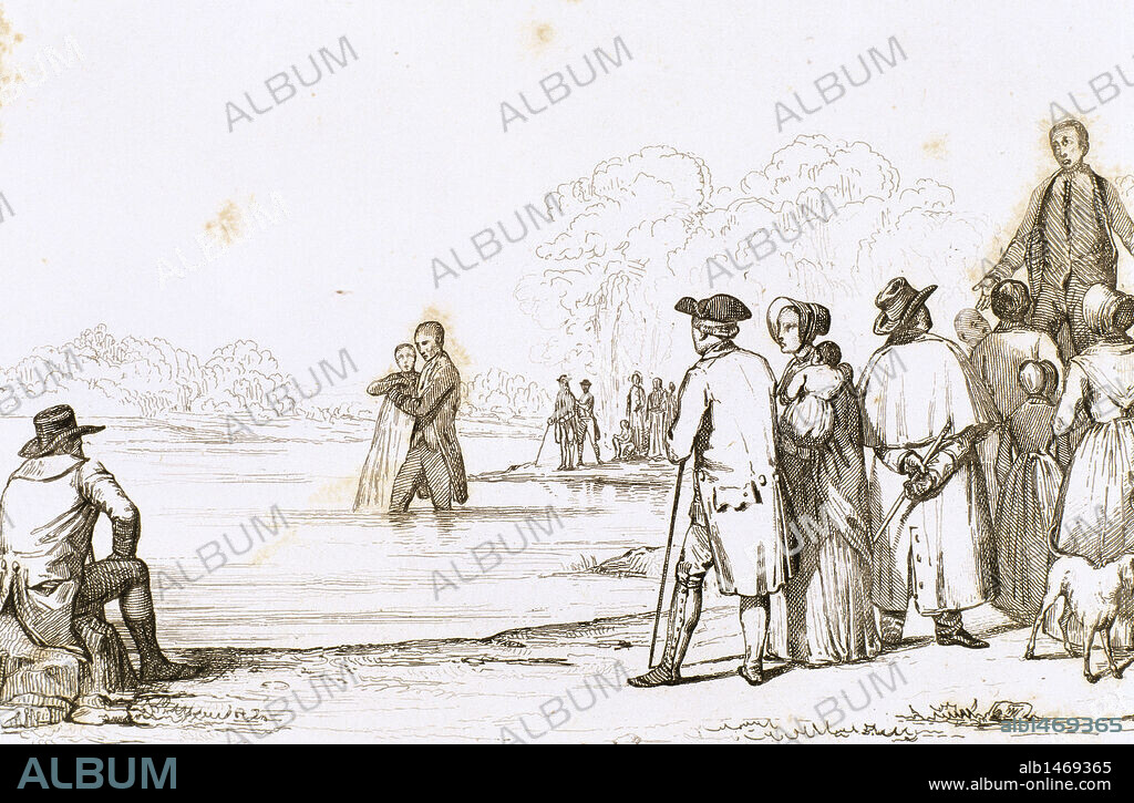 HISTORIA ESTADOS UNIDOS. BAUTISMO DE ANABAPTISTAS, unos de los primeros colonos de Norteamérica. Su ideología residía en la aceptación del bautismo sólo de los adultos. Virginia siglo XVII. Grabado del 1841.