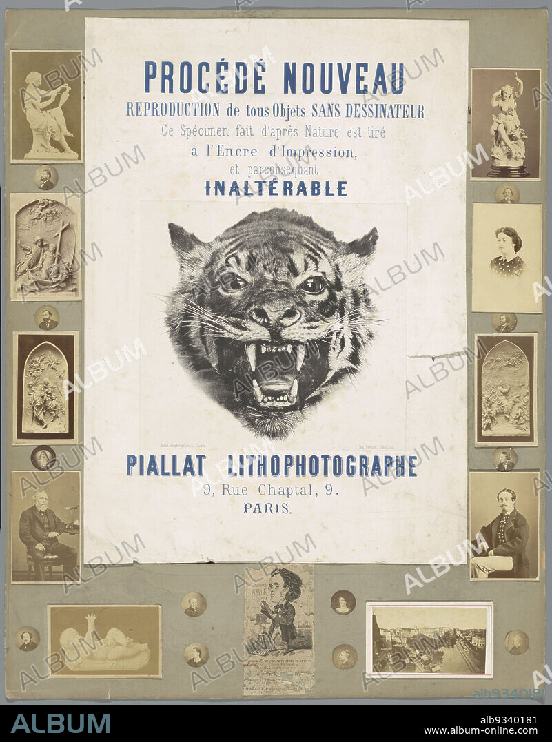 Poster 'Procedé Nouveau', Poster 'Procedé Nouveau' with an example of photolithography, depicting a head of a tiger. Poster sits on passepartout, on top are 12 medallion photographs and 10 cartes des visites on each side of the poster. At the bottom is pasted a carte de visite depicting photographer Piallat himself in wood engraving., Piallat, printer: Victor Jacques Bertauts, France, printer: Paris, 1867, photolithography, height 565 mm × width 445 mmheight 450 mm × width 316 mm.