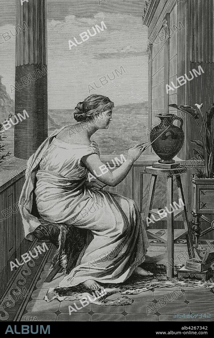 Antigua Grecia. Joven griega pintando un vaso. Grabado por Vela a partir de un cuadro de Germán Hernández Amores. La Ilustración Española y Americana,8 de diciembre de 1881.