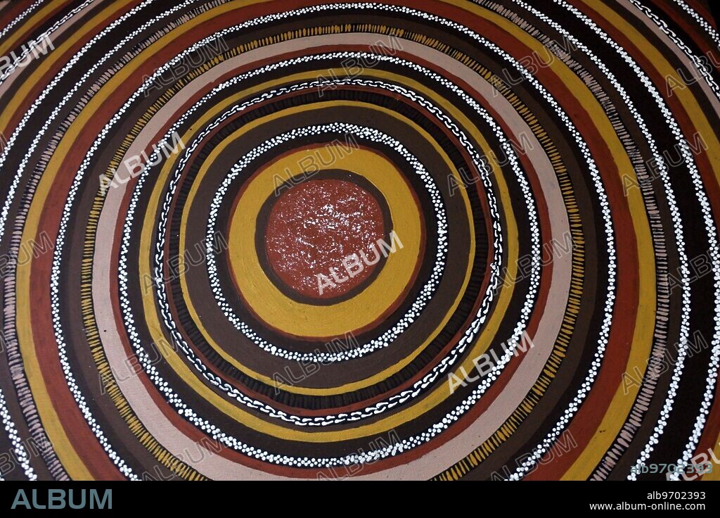 COOBER PEDY, SA - MAY 21 2019: Indigenous Australian art Dot painting. It's one of the oldest traditional form of art in the world. Paint marks to tell Aboriginal myths and legends.