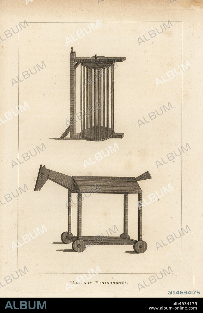 Military punishments used by the British Army. The whirligig, a suspended cage that was spun violently, and the wooden-horse. Copperplate engraving from Francis Grose's Military Antiquities respecting a History of the English Army, Stockdale, London, 1812.