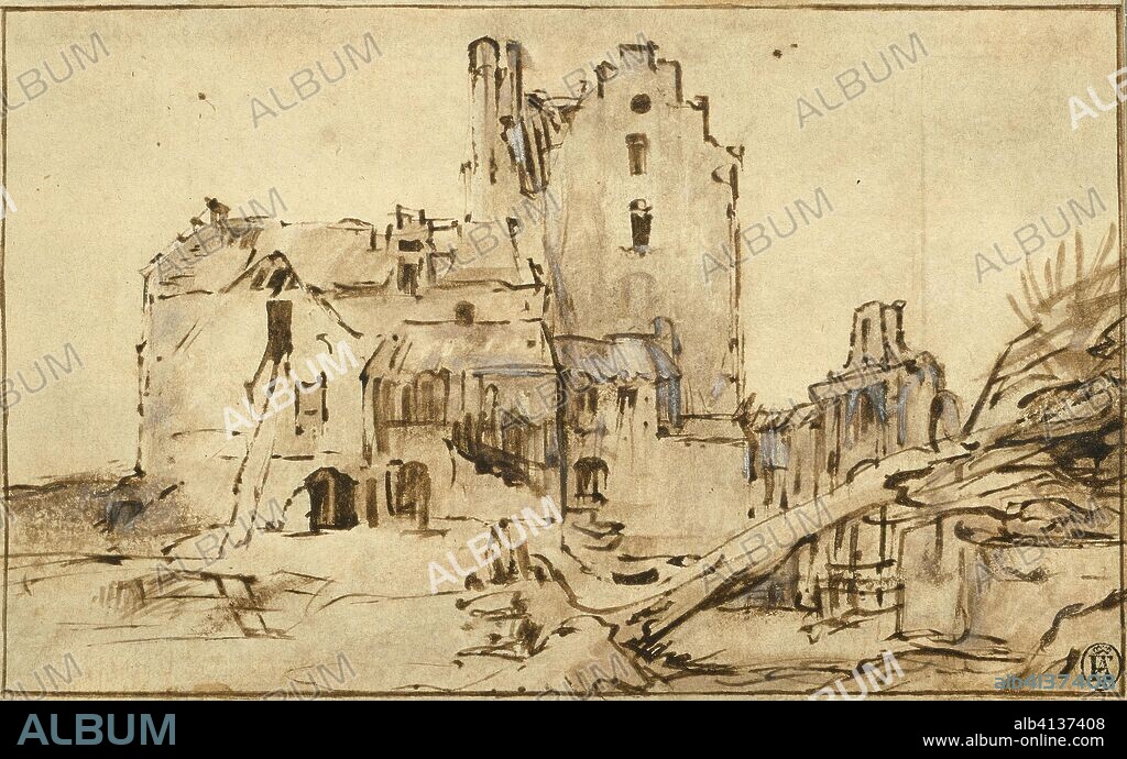 REMBRANDT HARMENSZOON VAN RIJN. Kostverloren Castle in Decay. Rembrandt van Rijn; Dutch, 1606-1669. Date: 1652-1657. Dimensions: 109 x 175 mm. Pen and brown ink, with brush and brown wash, heightened with touches of white gouache, on cream laid paper. Origin: Holland.