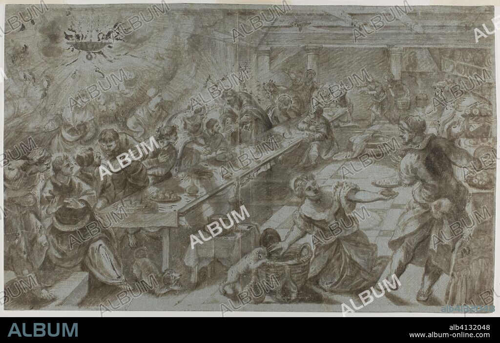 Last Supper. after Jacopo Robusti, called Tintoretto; Italian, 1518-1594. Date: 1538-1594. Dimensions: 348 x 552 mm. Brush and brown wash, heightened with lead white (partially oxidized), on blue laid paper, laid down on ivory laid paper. Origin: Italy.