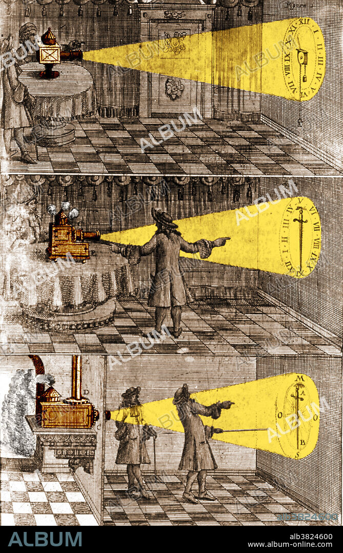 Three vignettes demonstrating light projection apparatus. Johann Zahn (1641-1707), German monk and author of Oculus Artificialis Teledioptricus Sive Telescopium (1685) which contains descriptions and diagrams of both the camera obscura and magic lantern, along with various other lanterns, slides, projection types, peepshow boxes, microscopes, telescopes, reflectors, and lenses. The first camera that was small and portable enough to be practical for photography was envisioned by Zahn in 1685, but it would be almost 150 years before it was possible to build it. He also illustrated a large workshop camera obscura for solar observations using the telescope and scioptric ball. He also designed several portable camera obscuras, and demonstrated the use of mirrors and lenses to erect the image, enlarge and focus it.