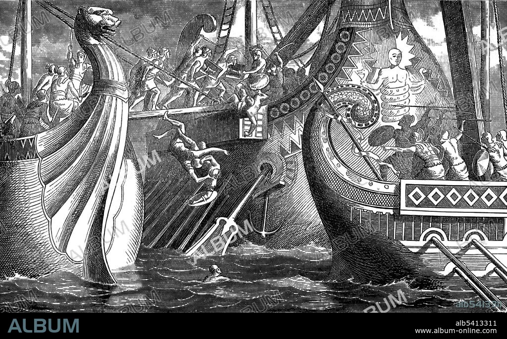 The Battle of Cape Ecnomus was a naval battle, fought off southern Sicily, in 256 BC, between the fleets of Carthage and the Roman Republic, during the First Punic War.  With a combined total of about 680 warships carrying up to 290,000 crew and marines, the battle was possibly the largest naval battle in history. The Carthaginians took the initiative and the battle devolved into three separate conflicts. After a prolonged and confused day of fighting the Carthaginians were decisively defeated, losing 30 ships sunk and 64 captured to Roman losses of 24 ships sunk. Naval Battles, Ancient and Modern by Edward Shippen, 1883 (cropped and cleaned).