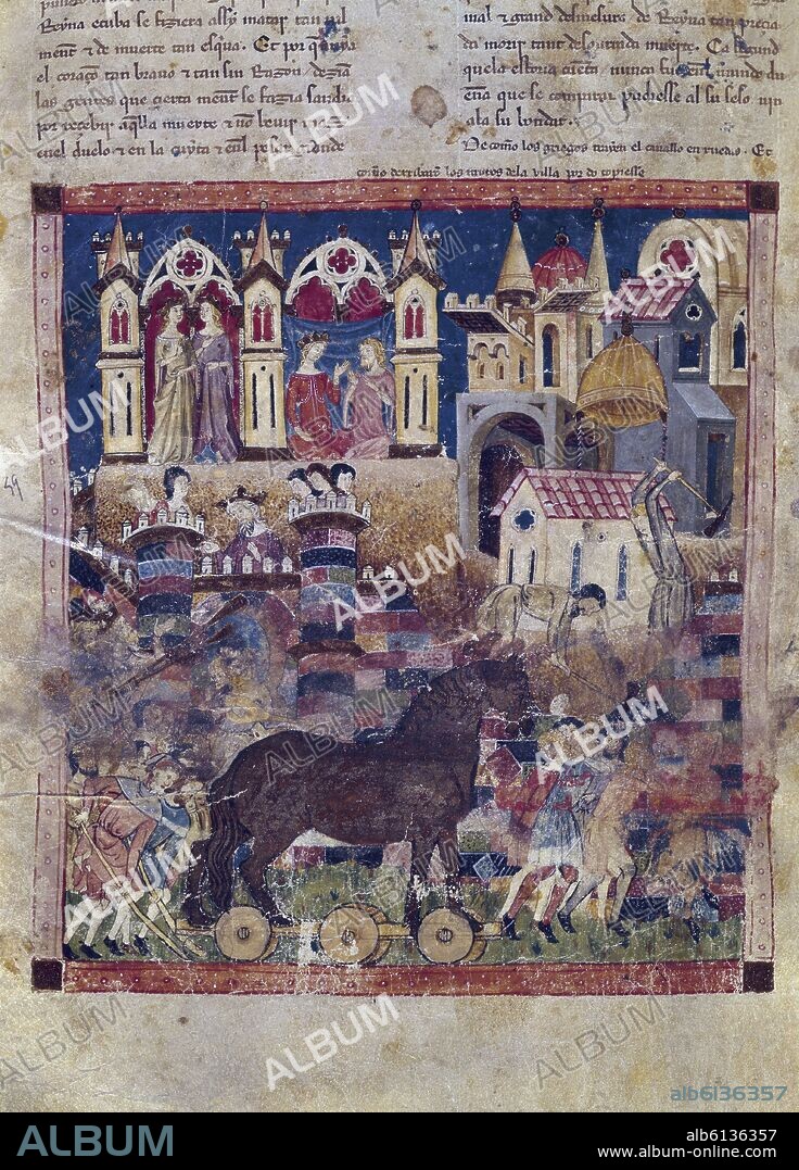 LA CRONICA TROYANA DE ALFONSO XI - GRIEGOS CONSTRUYEN EL CABALLO CON RUEDAS - MINIATURA GOTICA - 1350.