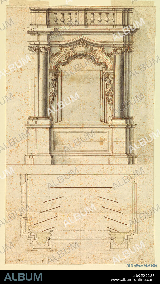 Two designs, one showing the stage and its architectural frame and the way the wings are set; the other drawing gives ground plan indicating setting of wings. Pen and ink, brush and sepia wash on paper. Date: 1725-50.