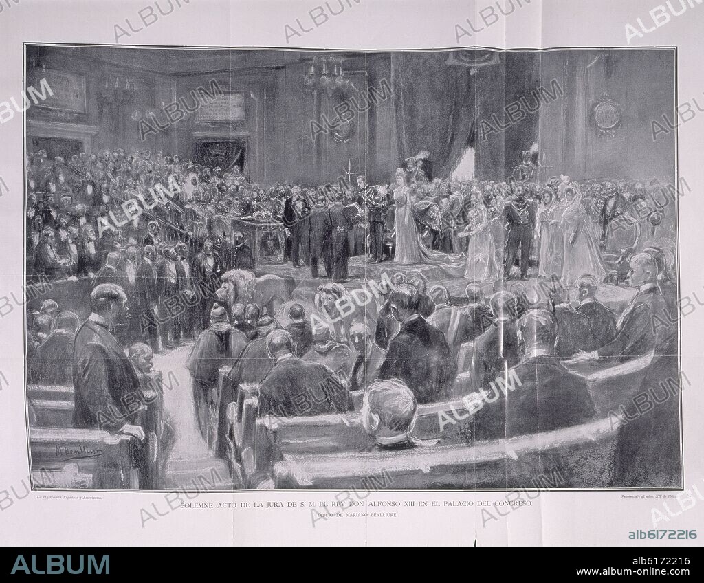 MARIANO BENLLIURE Y GIL. ACTO DE LA JURA DE LA CONSTITUCION DE ALFONSO XIII EN PALACIO DEL CONGRESO EL 17 DE MAYO DE 1902 - ILUSTRACION ESPAÑOLA Y AMERICANA.