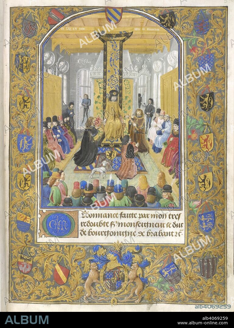 Charles the Bold. Ordinances of Charles the Bold. S. Netherlands; circa 1473. (Whole folio) Charles the Bold, Duke of Burgundy, receiving the oath of allegiance from his military captains. The Duke is seated, surrounded by his court; he receives a book from a kneeling knight, and on his left, delivers a baton to another knight. Decorated border with the Duke's coat of arms  Image taken from Ordinances of Charles the Bold.  Originally published/produced in S. Netherlands; circa 1473. . Source: Add. 36619, f.5. Language: French.