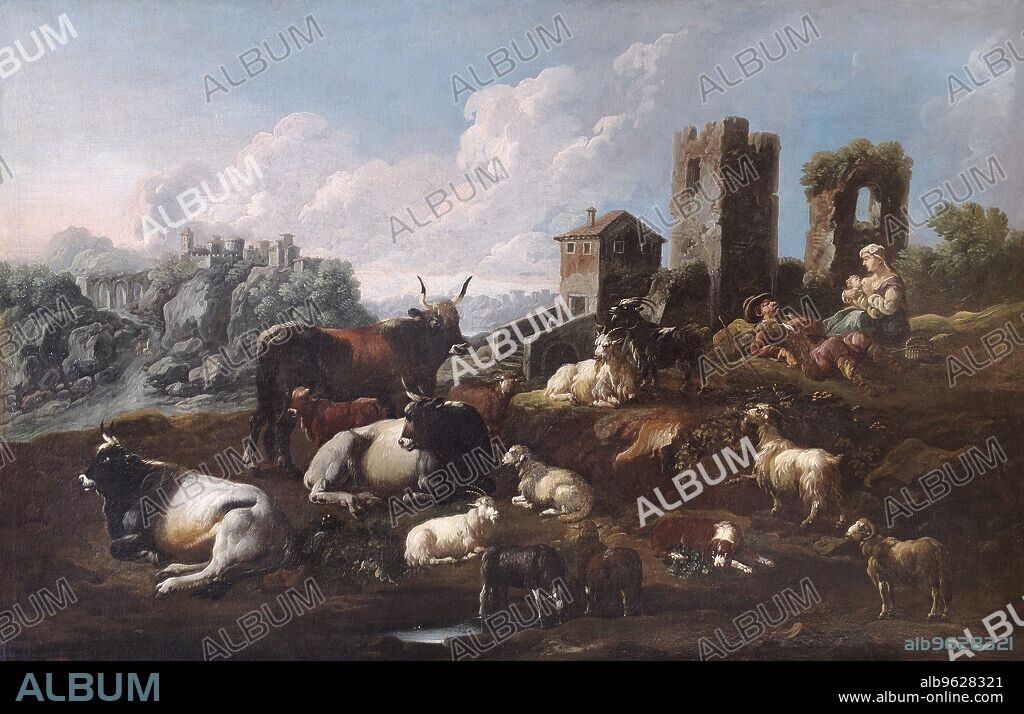 PHILIPP PETER ROOS. 'Shepherd and Cattle', late 17th or early 18th century. Scene set in the Roman Campagna. Painting in Apsley House, London, from the Spanish Royal Collection, captured by the Duke of Wellington at Vitoria in 1813 during the Peninsular War.