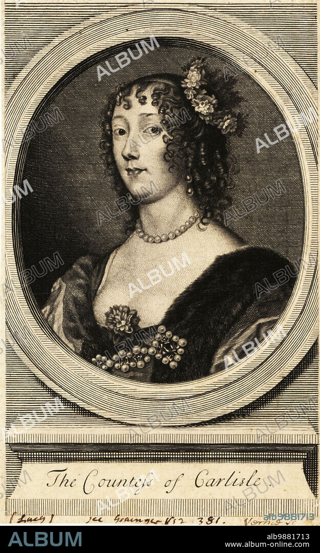 Lucy Hay, Countess of Carlisle (1599-1660), English courtier known for her beauty and wit. Wife of James Hay, 1st Earl of Carlisle. Lady of the Bedchamber to Henrietta Maria, Queen of England at the court of King Charles I. Copperplate engraving by George Vertue after a painting by Anthony van Dyck, early 18th century.