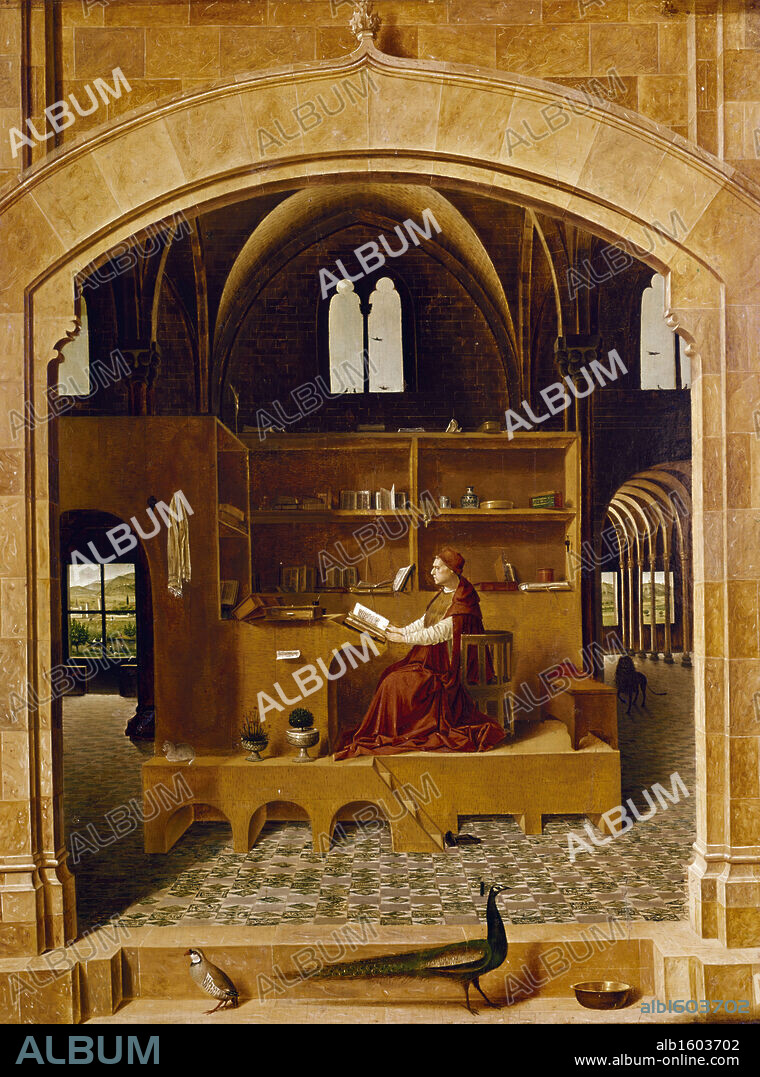 St. Jerome in his Study by Antonello da Messina,  oil on limewood panel,  circa 1475,  (circa1430-1479),  England,  London,  National Gallery.