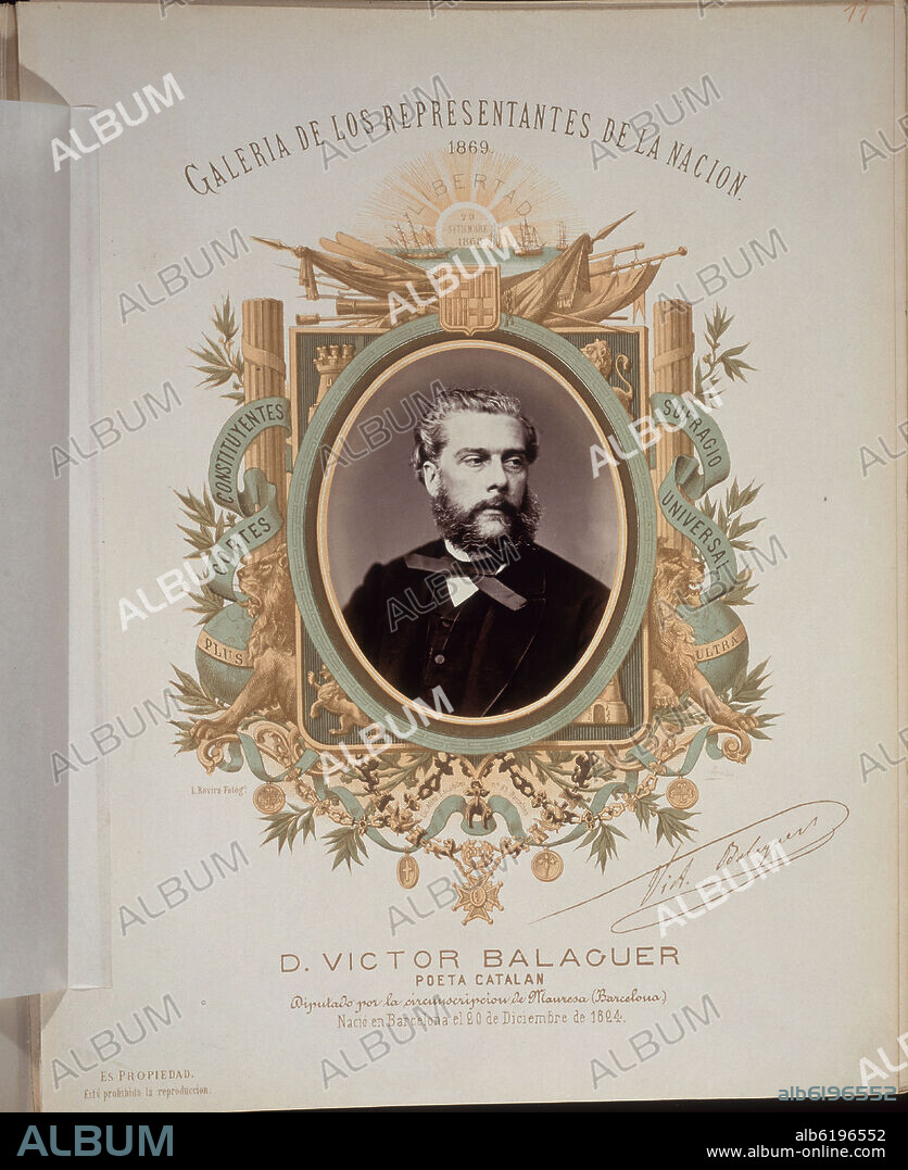 GALERIA DE REPRESENTANTES DE LA NACION 1869 - DON VICTOR BALAGUER - DIPUTADO POR MANRESA (BARCELONA).