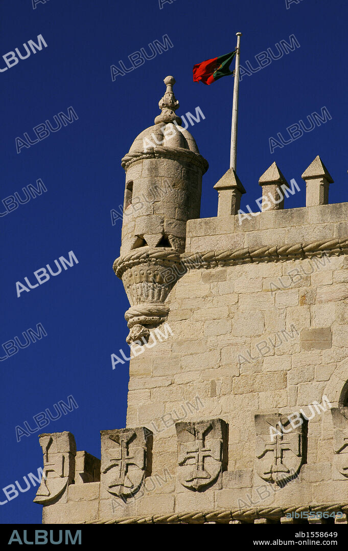 FRANCISCO DE ARRUDA (D.1547). Portugal. Lisboa. Torre de Belém. Fortín construido por orden del rey Manuel I "el Afortunado" para proteger la entrada al puerto desde el río Tajo. Erigida entre 1515 y 1519 por Francisco de Arruda. Detalle arquitectónico.