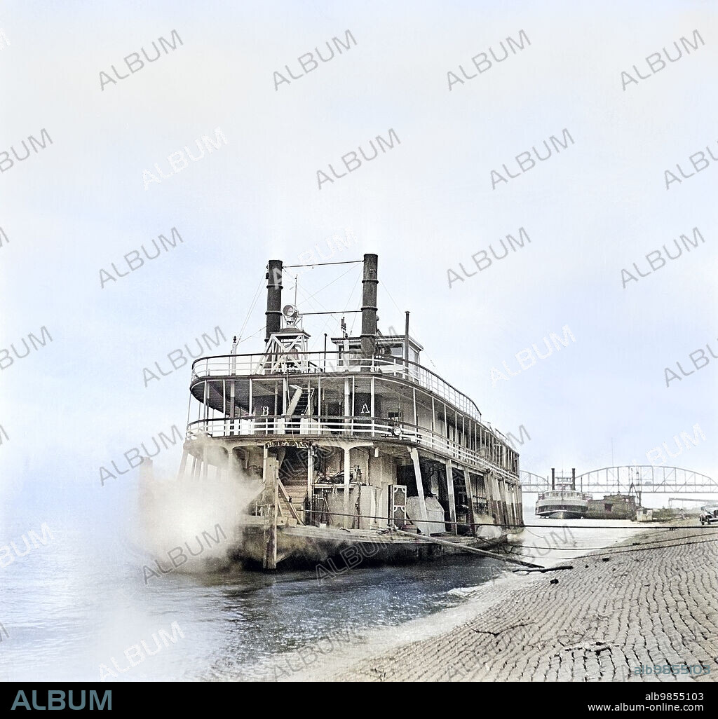 Steamboat, Mississippi River, St. Louis, Missouri, USA, Arthur Rothstein, U.S. Farm Security Administration, colorized image, March 1936.