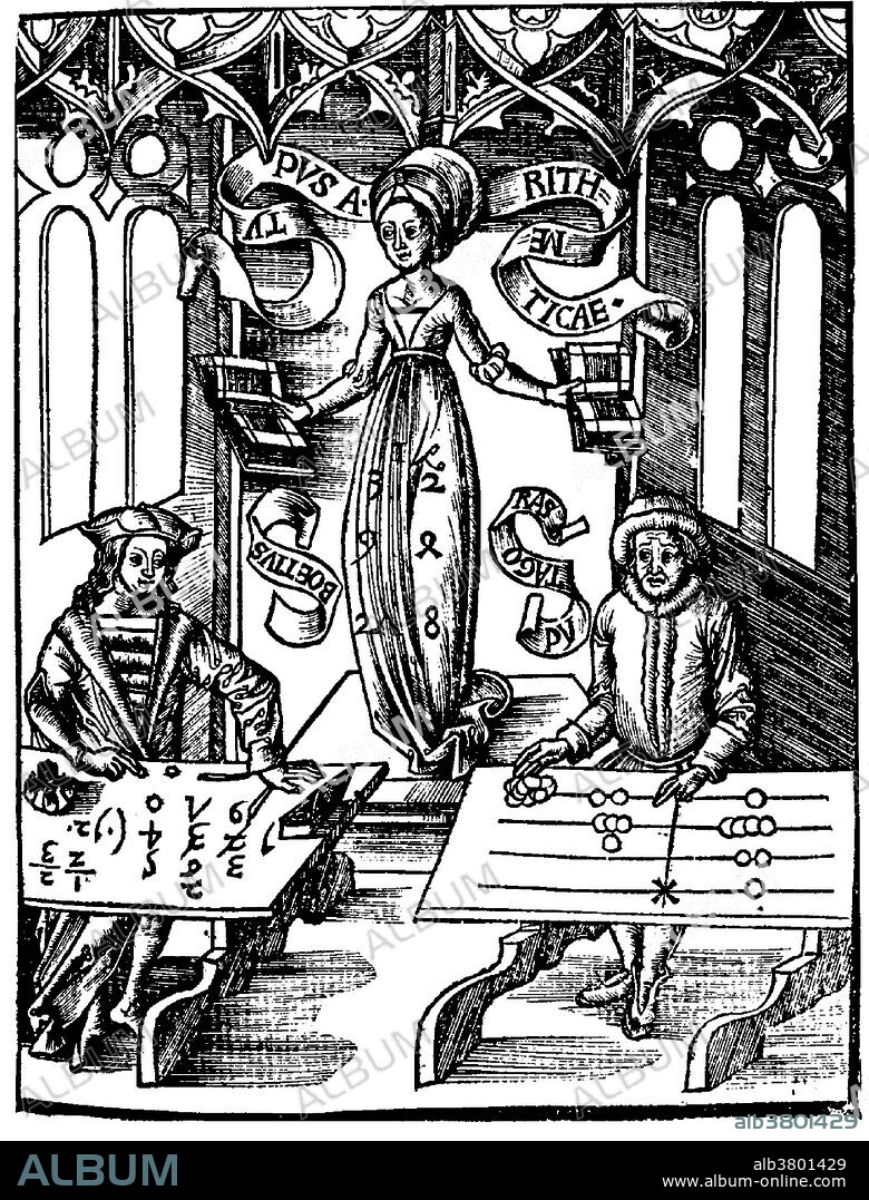 Classic woodcut of Arithmetica (or the Allegory of Arithmetic) supervising a contest between BoÃ«thius, representing written calculation using Hindu-Arabic numbers, and Pythagoras, represented as using a counting board. From the Margarita philosophica (Pearl of Wisdom) of Gregor Reisch (1467 - 1525). The first edition was published in 1503. Anicius Manlius Severinus BoÃ«thius, commonly called Boethius (480-524/525 AD) was a philosopher of the early 6th century. Pythagoras of Samos, "Pythagoras the Samian", (570- 495 BC) was a Greek philosopher and mathematician.
