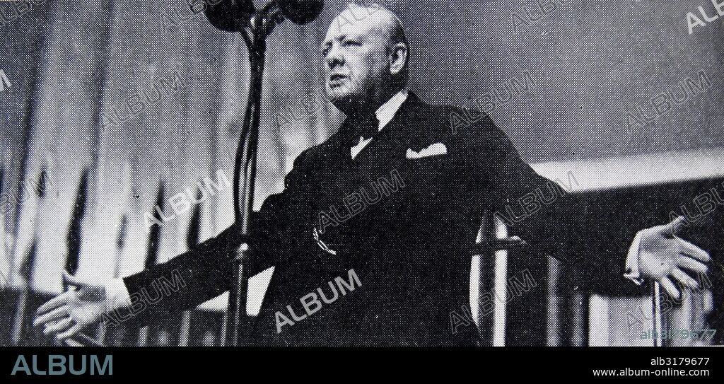 Photograph of Sir Winston Churchill giving his first speech as Prime Minister to the House of Commons "Blood, Toil, Tears and Sweat". Dated 1940.