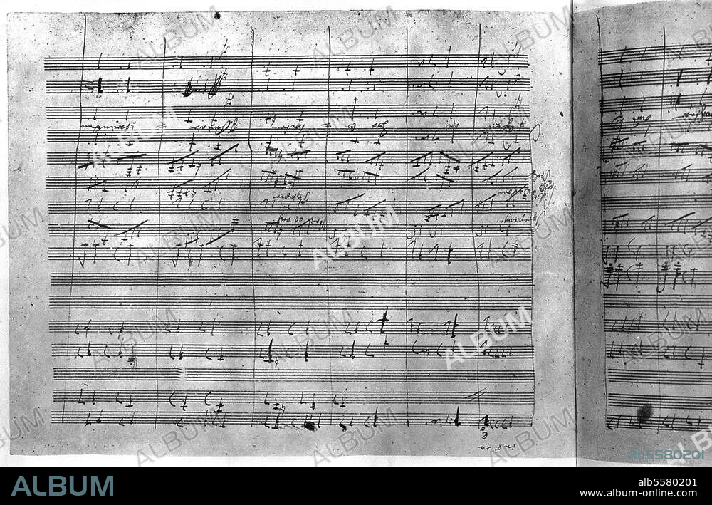 Beethoven, Ludwig van Composer, 1770-1827. Works: Symphony No. 9, D minor, with the final choir on Schiller's "Ode to Joy". (op. 125; FP Vienna, 7th of May, 1824). Original score in Beethoven's hand of the final movement " (...) Wir betreten freudetrunken (...) ". Berlin, Staatsbibliothek Preußischer Kulturbesitz.