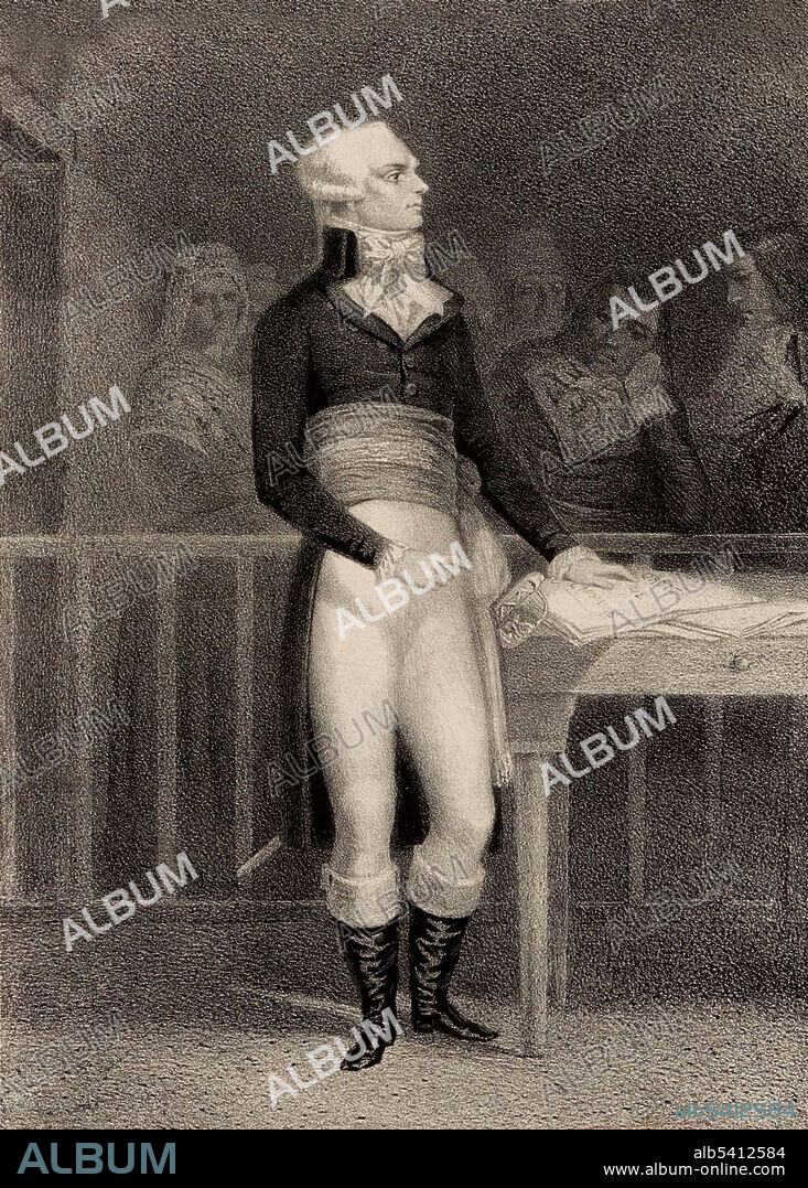 Robespierre presenting his declaration of human rights to the Club des Jacobins. Maximilien Robespierre (May 6, 1758 - July 28, 1794) was a French lawyer and politician. He advocated against the death penalty and for the abolition of slavery, while supporting equality of rights, universal suffrage and the establishment of a republic. He was an important figure during the Reign of Terror. People were guillotined for not supporting the French Revolution, hoarding, desertion, rebellion, and other things he saw as crimes. He was arrested and guillotined without trial in the Place de la Revolution. Lithograph by Georges-Alexandre Fischer, undated (cropped and cleaned).