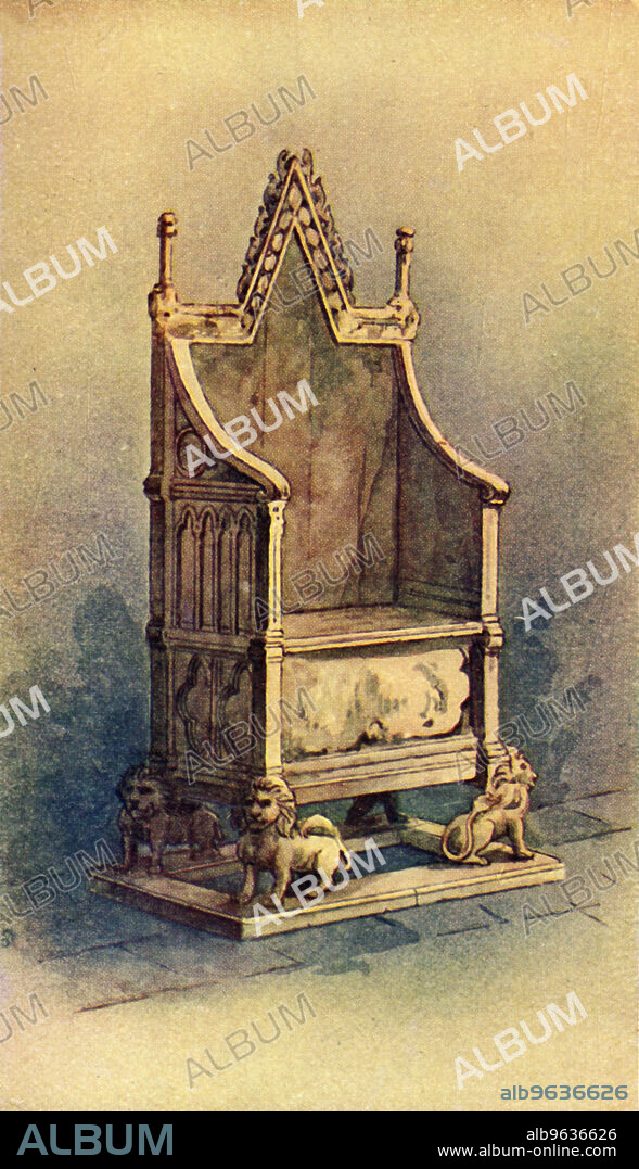 'The Coronation Chair', c1911. Ancient wooden chair, also known as St Edward's Chair or King Edward's Chair, on which British monarchs sit when they are crowned in Westminster Abbey. It was commissioned in 1296 by King Edward I to contain the coronation stone of Scotland - known as the Stone of Scone or Stone of Destiny - which had been captured from the Scots. It is shown here without the Stone. From "The Portrait Book of Our Kings and Queens 1066-1911", edited by T. Leman Hare. [T. C. & E. C. Jack, London & Edinburgh].