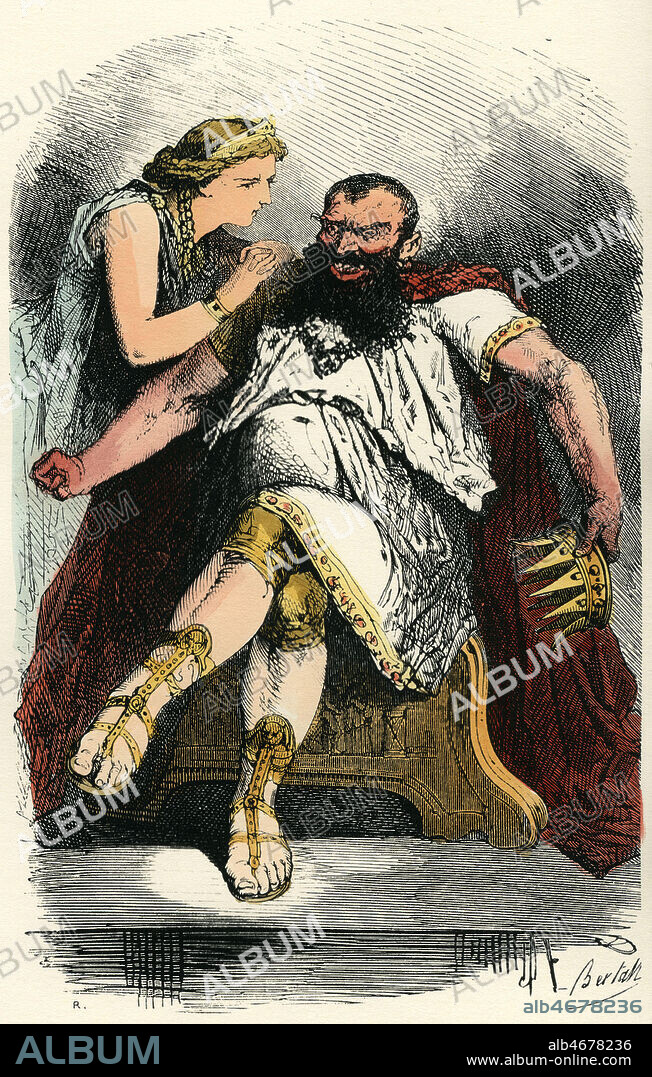 ARIANE supplie le roi MINOS d'epargner THESEE. Gravure de BERTALL (1820-1882) mise en couleur par nos soins, tiree de l'ouvrage 'Le livre des merveilles : contes pour les enfants tires de la mythologie' publie en 1858. Credit : Collection KHARBINE-TAPABOR.