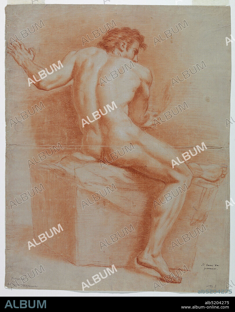 Nude, Domenico Corvi, Italian, 1721 - 1803, Red crayon on paper, Young man, sitting, seen from behind., Italy, ca. 1740, figures, Drawing, Drawing.