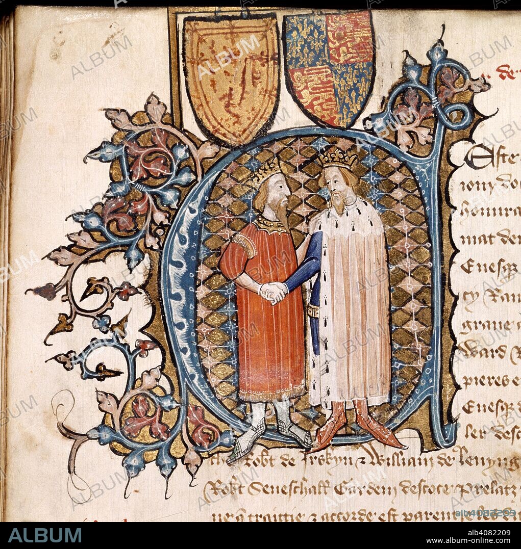 England and Scotland make peace. England (London); 1386-1399. (Detail) Initial 'C': King Edward III of England and David, King of Scotland, make peace in 1357; their shields of arms are shown above.  Originally published/produced in England (London); 1386-1399. . Source: Cotton Nero D. VI, f.61v. Language: French.