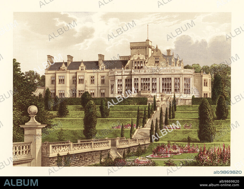 Easton Hall, Lincolnshire, England. Elizabethan mansion with walled gardens renovated in the mid-19th century for Sir Montague Cholmeley, 1st Baronet. Colour woodblock by Benjamin Fawcett in the Baxter process of an illustration by Alexander Francis Lydon from Reverend Francis Orpen Morriss Picturesque Views of the Seats of Noblemen and Gentlemen of Great Britain and Ireland, William Mackenzie, London, 1880.