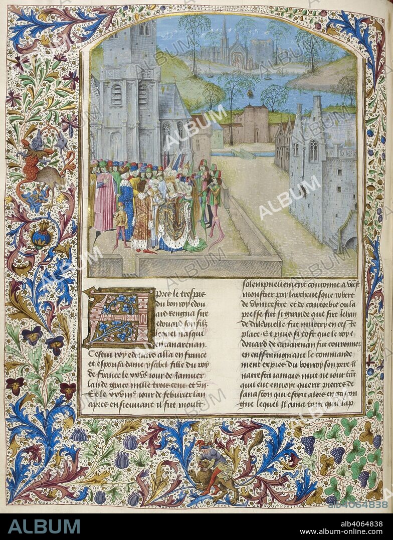 JEAN DE WAVRIN. The marriage of King Edward II to Isabella of France, 1307, with text and decorated initial 'A', with decorated borders (full). Chroniques d'Angleterre. S. Netherlands (Bruges?); circa 1470-1480. Source: Royal 15 E. IV, f.295v. Language: French.