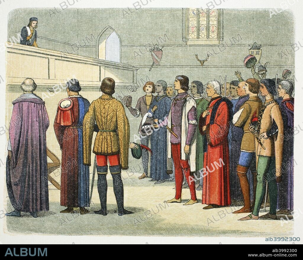 Richard, Duke of Gloucester invited to assume the crown, 1483 (1864). Richard (1452-1485) was invited to assume the crown by the Duke of Buckingham (1455-1483) after the marriage between the late King Edward IV and Elizabeth Grey was declared void by having being brought about by witchcraft and sorcery. Their son King Edward V (1470-1483) was therefore declared illegitimate. Richard accepted and was crowned King Richard III.