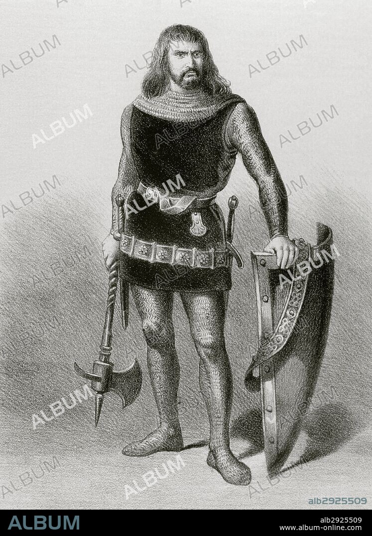 BERA (siglo IX). Primer conde de Barcelona (801-820) de obediencia carolingia, de orígen godo. Destacó contra los sarracenos, a los que derrotó en las orillas del río Ebro. Nombrado primer duque beneficiario de Septimania. Grabado de "Historia de España Ilustrada", del siglo XIX.