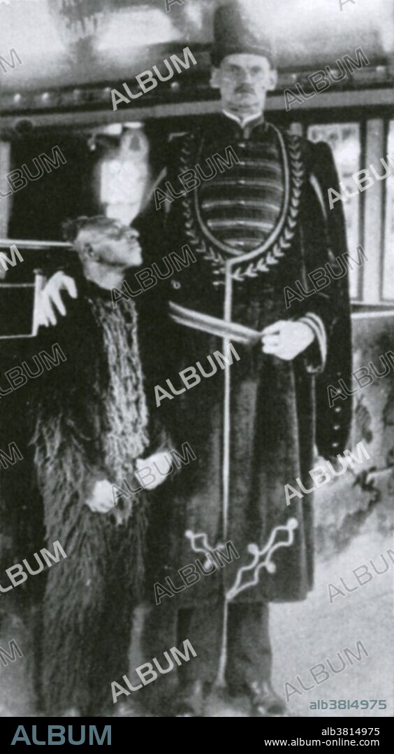 Undated photograph of Paul Herold with Zip the Pinhead. Paul Herold (September 27, 1874 - August, 1939) was born in Germany and claimed that he had a constant growth until the age of 21. He began travelling and exhibiting all over Europe. He married in 1911 to a Viennese singer, who was of normal height. He travelled to the USA in 1921 and worked in circuses, carnivals, freak shows. He died at the old Showman's League Hospital in Chicago in 1939 at the age of 64. Though billed as a giant there is no record of his height. Zip the Pinhead, William Henry Johnson (1842 - April 9, 1926) was an African-American freak show performer. His unusual appearance caused many to believe that he was a pinhead, or microcephalic. When he was signed by Barnum a furry suit was made to fit him, his hair was shaped to a tiny point, and he was given the name, Zip the Pinhead, the "What-Is-It?" It has been argued that he may not have been a true microcephalic. According to his sister, Zip's last words were "Well, we fooled 'em for a long time, didn't we?" It is estimated that during his 67 years in show business, Zip entertained more than 100 million people. His funeral was attended by the greatest side show acts of the days.