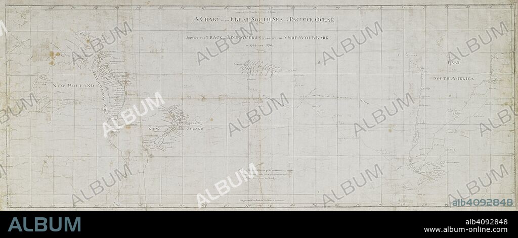 Chart of the South Pacific Ocean, showing the route of the 'Endeavour' during Captain Cook's First Voyage, from the South Atlantic and east coast of South America, to New Holland [Australia]. Charts and Maps made during the Voyage of Discovery in the South Pacific Ocean by Captain James Cook, commander of the Endeavour in 1769 and 1770. circa 1769-1770. Source: Add. 21593 D,. Language: English.