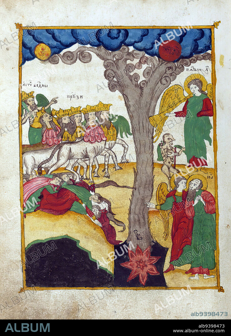 Apocalypse with Patristic commentary, The fifth trumpet- plague of locusts, This manuscript was made around 1800 by the 'Old Believers,' a group of Russian Christians who dissented from the Russian Orthodox Church and were subsequently persecuted and excommunicated. Because their books were often confiscated and they were forbidden to use printing presses, they continued to write important works such as this one by hand. The manuscript contains the text of the New Testament book of Revelation along with a patristic commentary, which is accompanied by a series of seventy-one striking full-page miniatures.