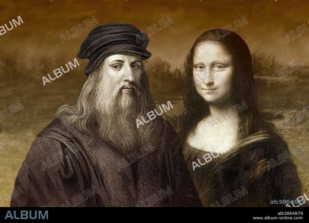 Painting Mona Lisa and Leonardo da Vinci, Italian painter, sculptor, architect, engineer, historical illustration