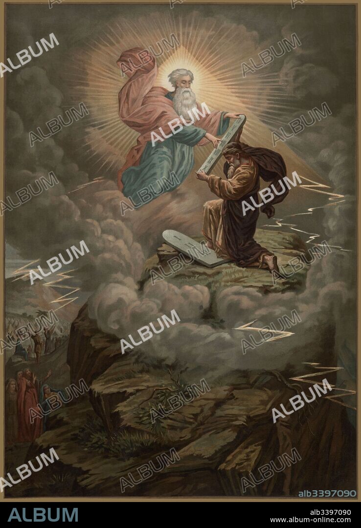 Historia Sagrada. Antiguo Testamento. Moisés recibe de Dios las tablas de la ley en el monte Sinaí. Cromolitografía francesa del siglo XIX.