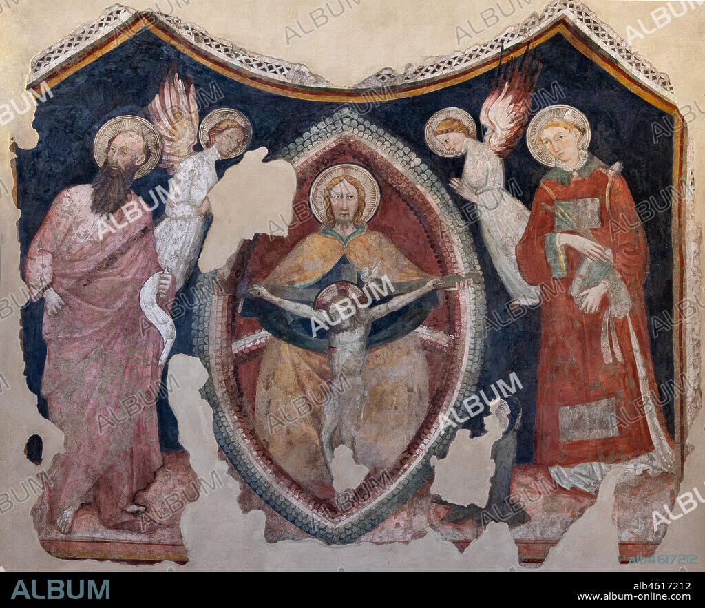 Foligno, Trinci Palace: Trinity inside vesica piscis, St Paul, St. Stephen, two angels and worshipper, detached fresco, end XIV century.