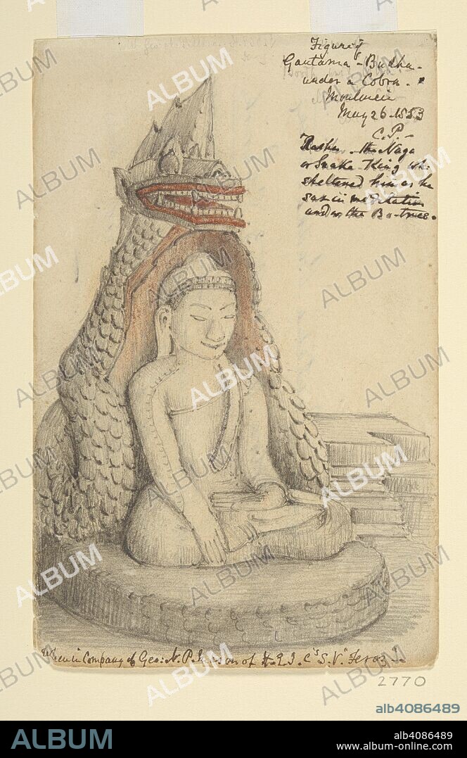 CHARLES SAMUEL POLLOCK PARISH. Sculpture of Buddha, Moulmein (Burma). 26 May 1853. Inscribed on front in ink: â€˜Figure of Gautama-Budha under a Cobra. Moulmein. May 26 1853. C.P. Raspa, the Naga or Snake King who sheltered him as he sat in meditation under the Bo tree. When in Company of Geo. V.P. Mason of H.E.I.C's S.V. 'Feroz'â€˜; on back in ink: â€˜Figure of Gautama-Budha, sitting under Cobra, May 26 1853. C. Parish. Moulmain. Drawn in company with George V.P. Mason of H.E.LC.'s S.V. 'Feroz'-then lying off Martaban.â€™. Sculpture of Buddha, Moulmein (Burma). 26 May 1853. 1853. Pencil and crayon; 7.25 by 4.75 ins. Source: WD 2770.
