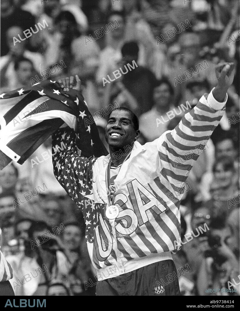 August 7, 1992. Magic Johnson Celebrating winning the gold medal at the Barcelona 92 Olympic Games.