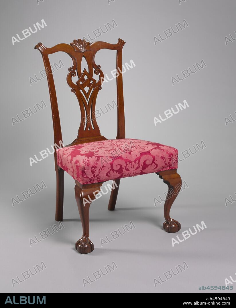 Side Chair, c. 1775. Before becoming one of the best known Connecticut furniture makers of the late 1700s, Eliphalet Chapin worked in New York City and Philadelphia. His furniture shows evidence of that experience. For example, the back of this chair has a splat design found on New York pieces, while the untapered rear legs and the shell carving on the crest rail are typical of Philadelphia workmanship. The use of cherry, however, is characteristic of Connecticut furniture. This chair comes from a set recorded in Chapin's account book as having been supplied to Ebenezer Grant to form part of the dowry of his daughter Anne, who married the Reverend John Marsh of Wethersfield, Connecticut, on December 6, 1775. The set was owned by their descendents until 1986.