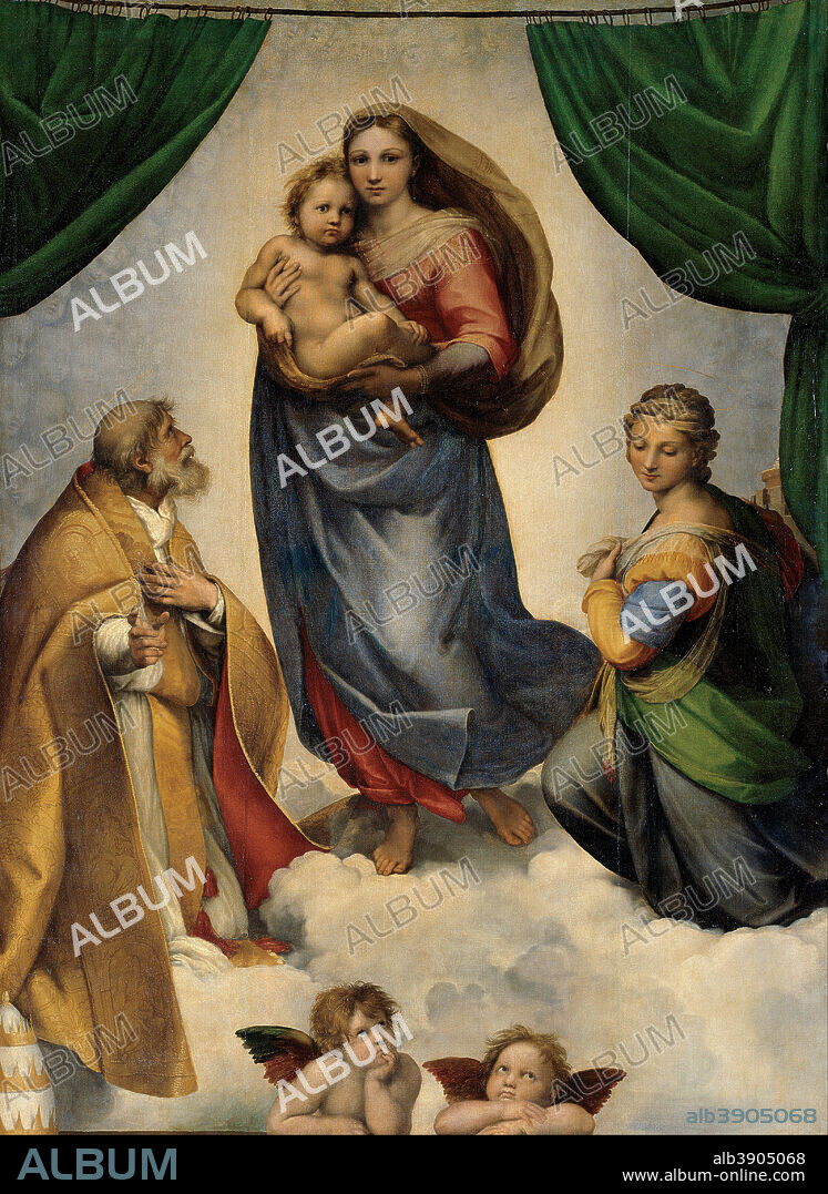 RAPHAEL. The Sistine Madonna. Date/Period: 1512 - 1513. Painting. Height: 2,695 mm (106.10 in); Width: 2,010 mm (79.13 in).