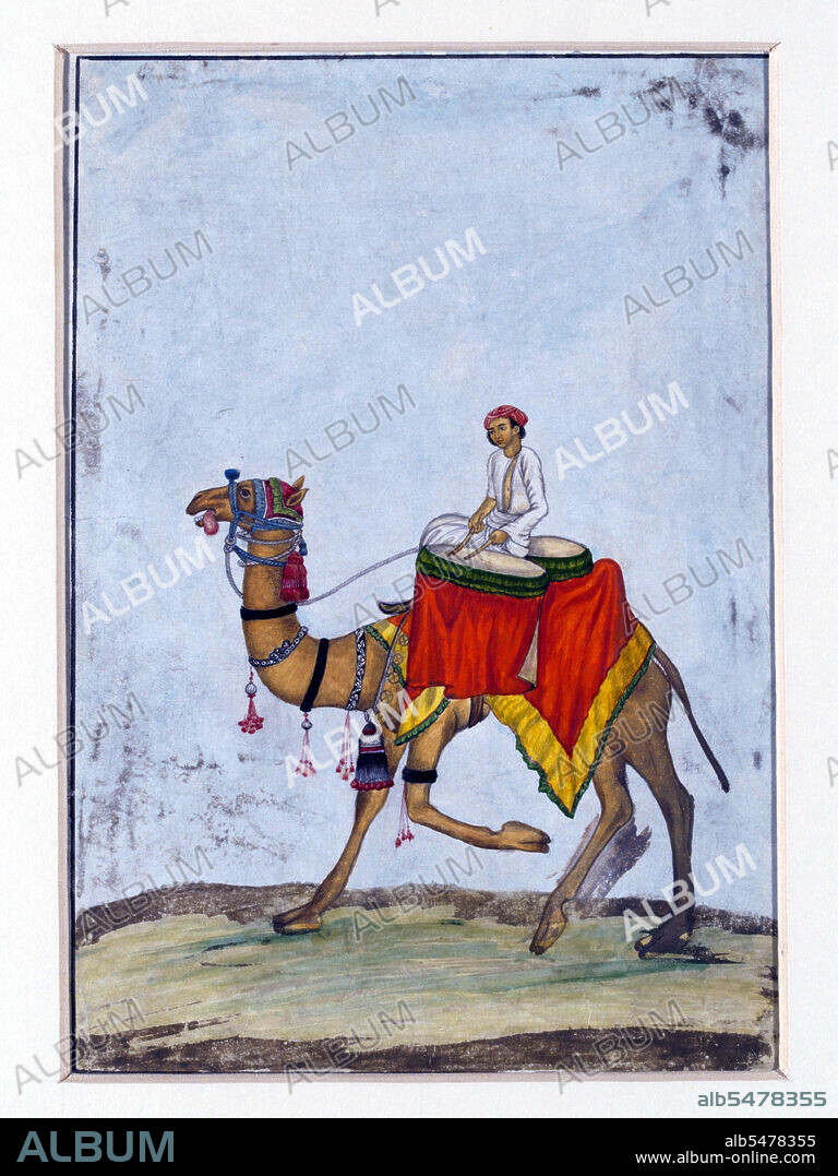 Painting of a musician on camel back taking part in the 'Id ceremonial procession of Mughal Emperor Bahadur Shah II (r. 1837-1857) in 1840.