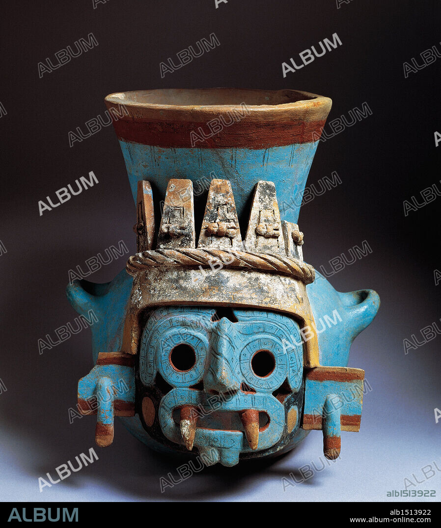 Aztec civilization, Mexico, 15th century. Polychrome ceramic vase depicting Tlaloc, god of rain. Height 35 cm. From the Templo Mayor (Main Temple) of Tenochtitlan.