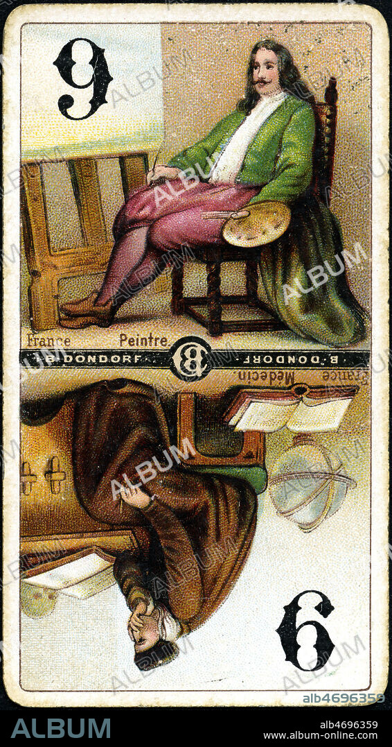 "France Peintre & Medecin" Carte ATOUT de TAROT, Jeu de "TAROK" (jeu de tarot) Edite par Dondorf en Allemagne vers 1890, 19eme siecle. Chaque couleur , et les cartes d'atouts ainsi que les tetes de ce jeu representent des personnages, des scenes , des monuments ou des symboles des 4 pays suivants : France Angleterre Russie et Allemagne. Chromolithographie . Credit Collection IM/KHARBINE TAPABOR.