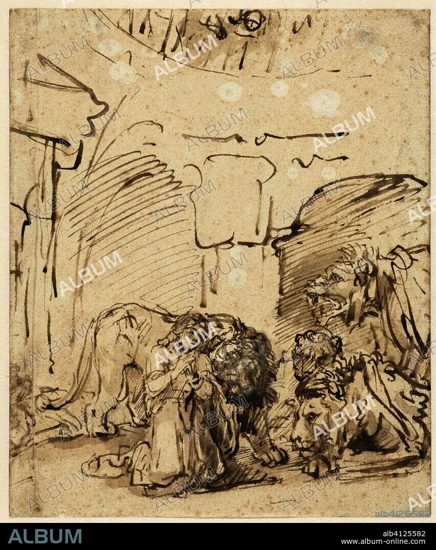 Daniel in the Lions' Den. Draughtsman: Rembrandt van Rijn. Dating: c. 1650. Place: Amsterdam. Measurements: h 222 mm × w 184 mm.